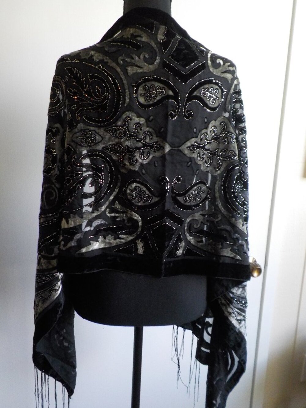 Scarf - Black Mesh Velvet Fringe 64 x 20 (2558)